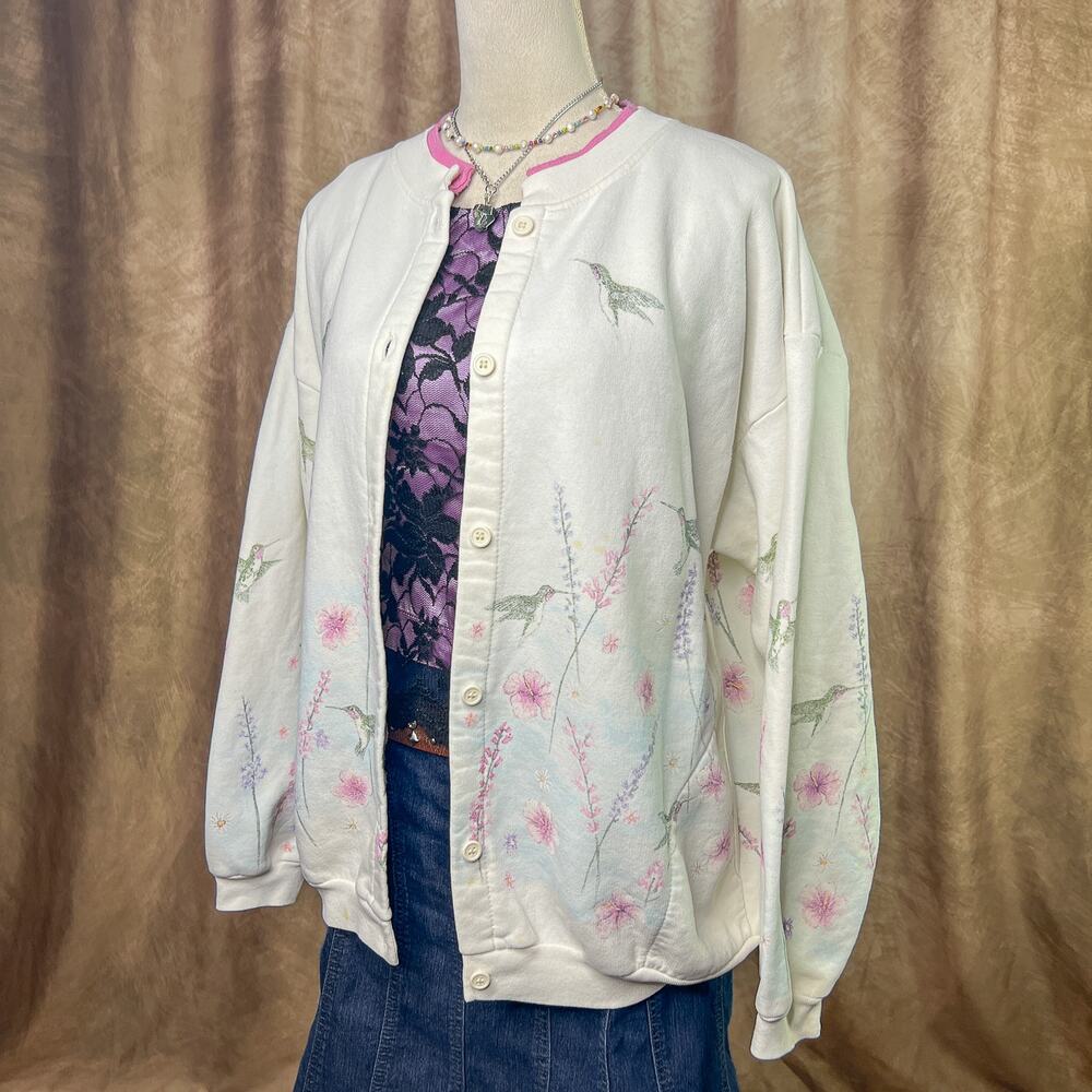 Vintage Hummingbird Sweater 90s Wildlife Floral Cardigan Sweatshirt Cottagecore